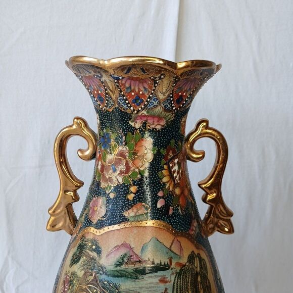Satsuma Style Large Asian Morriage Porcelain Gold Handle W/ Stand 18" - Picture 3 of 13